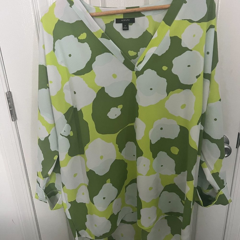 Green, yellow and white print blouse
